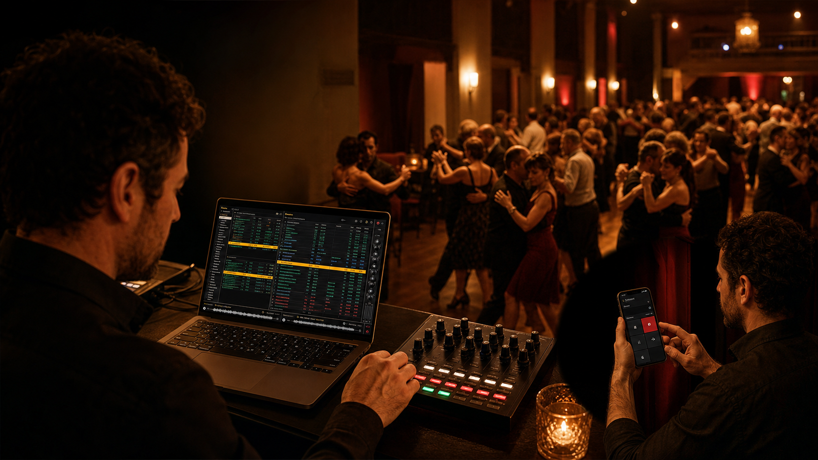 TangoDJ running at a milonga with a MIDI controller and Mobile Companion remote