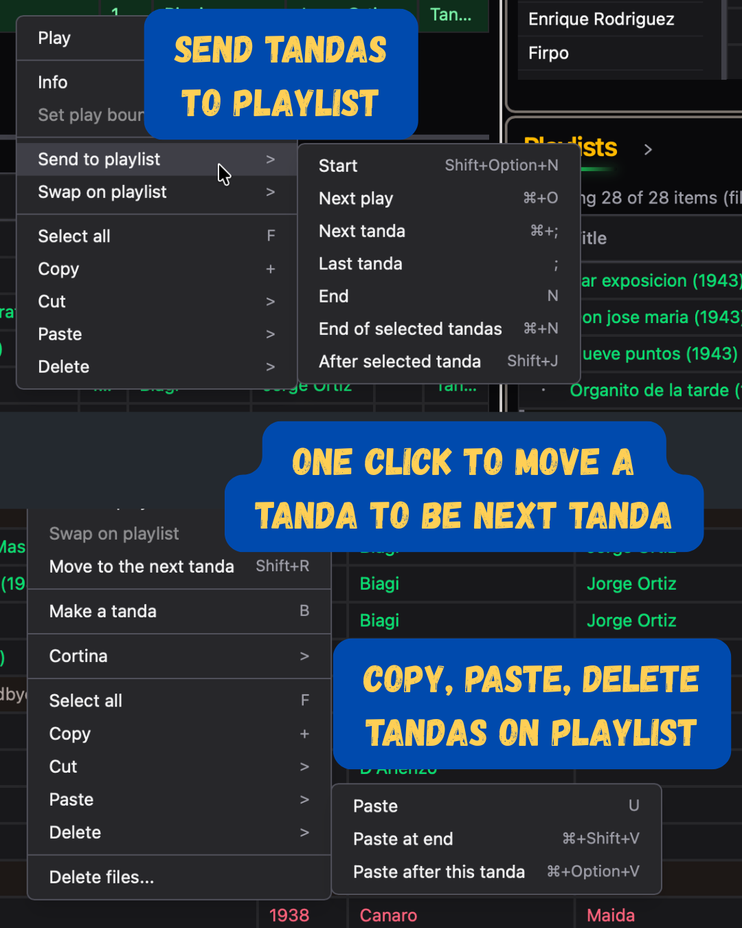 Manage playlists using tandas