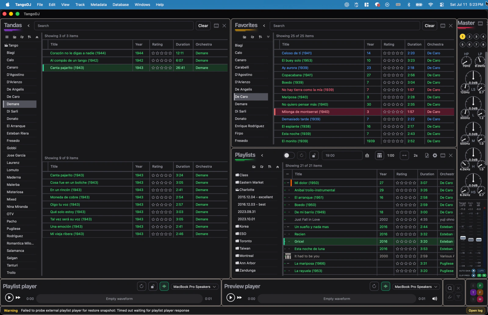 TangoDJ full workspace with tandas, favorites, playlists, players, and master controls