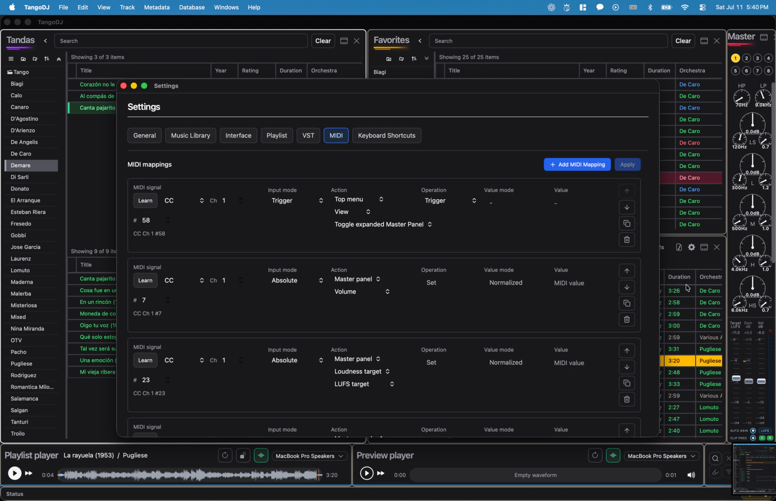 TangoDJ MIDI control settings