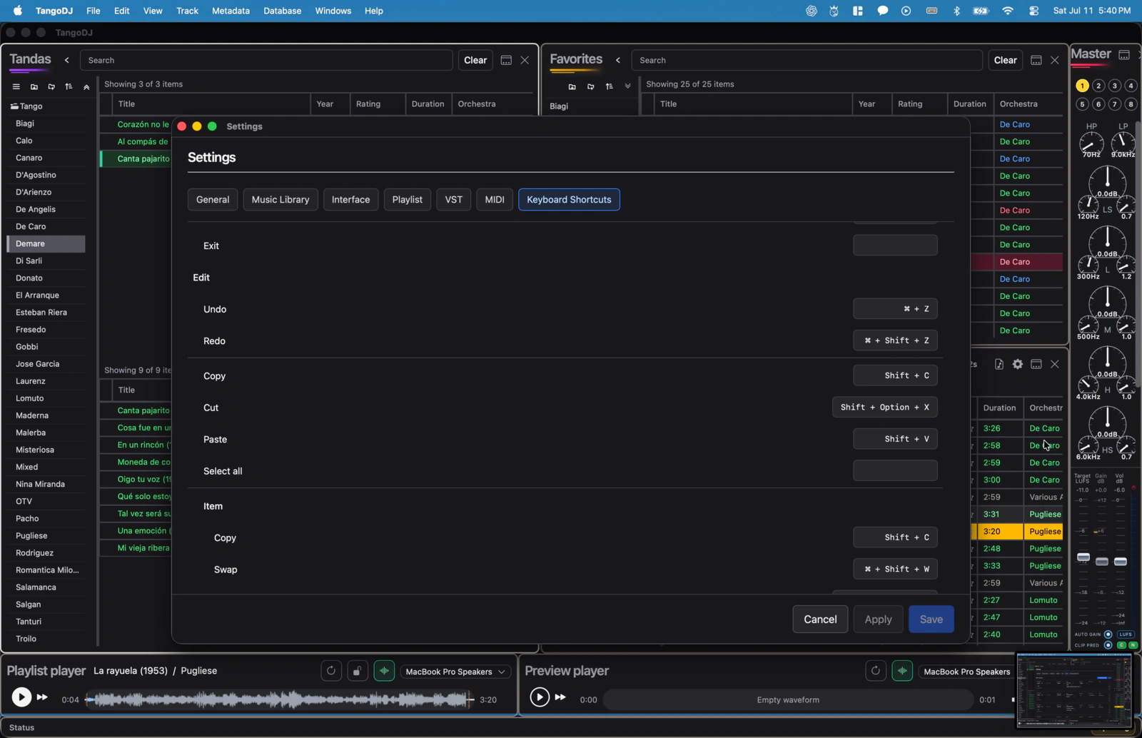 TangoDJ keyboard shortcut settings