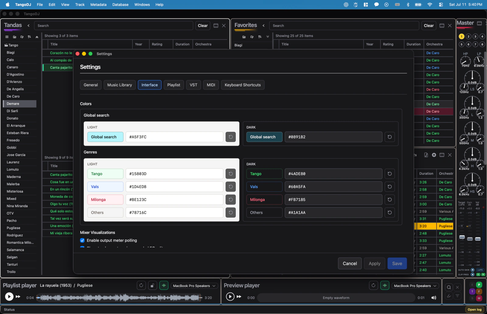 TangoDJ interface color settings