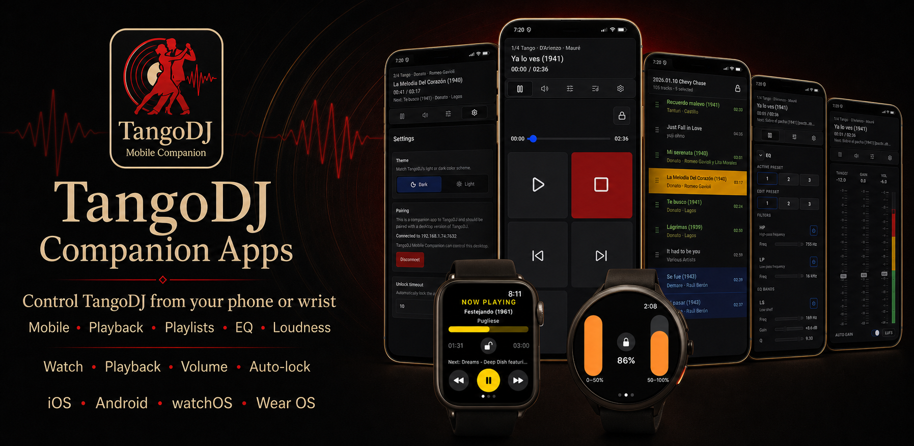 TangoDJ Mobile Companion showing playback, playlist, EQ, and loudness controls