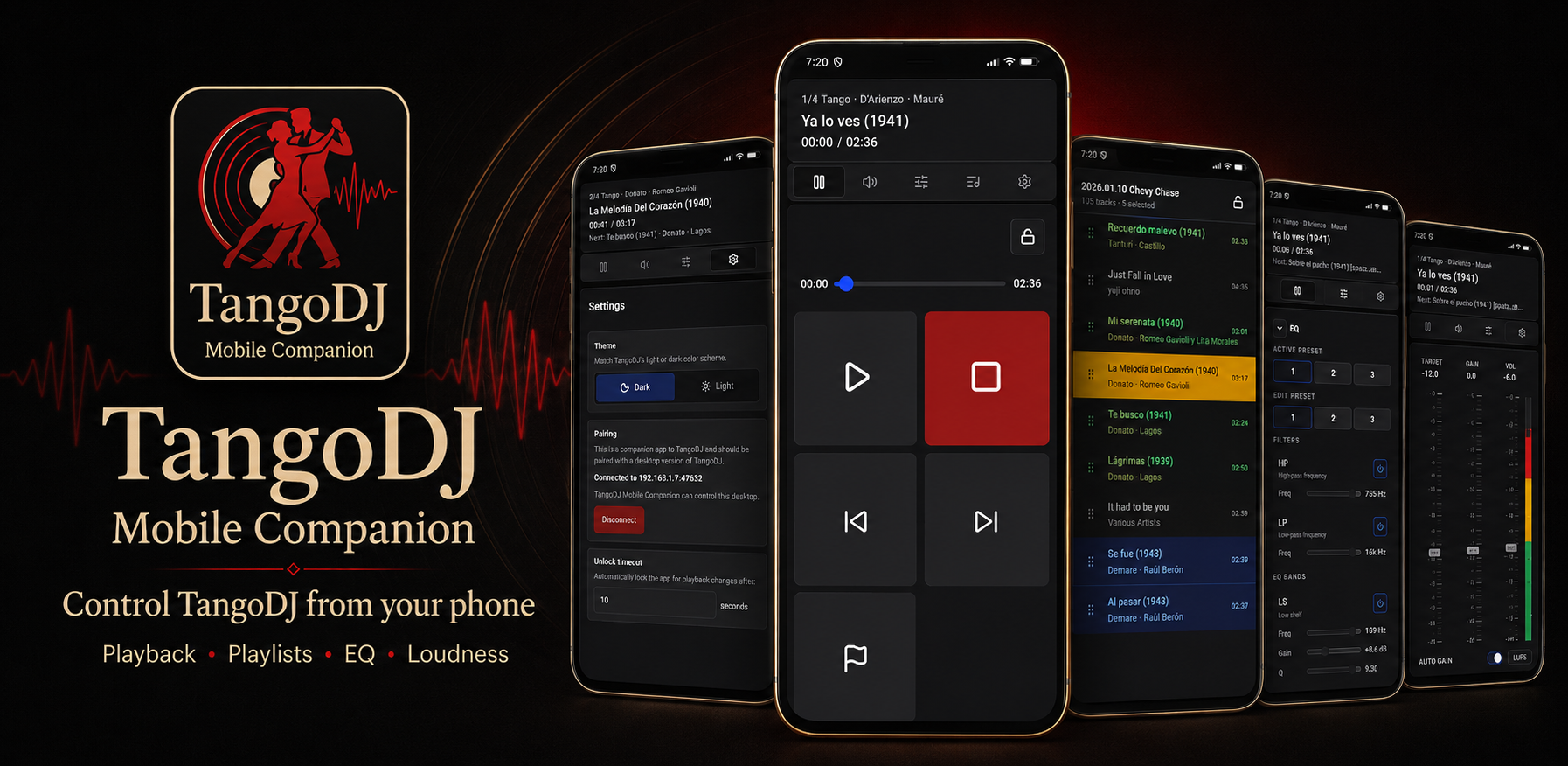 TangoDJ Mobile Companion app showing playback, playlist, EQ, and loudness controls