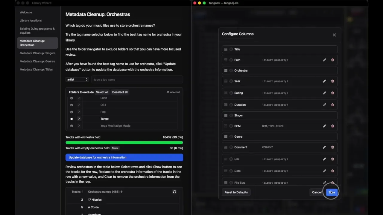 TangoDJ Library Wizard and column configuration screens