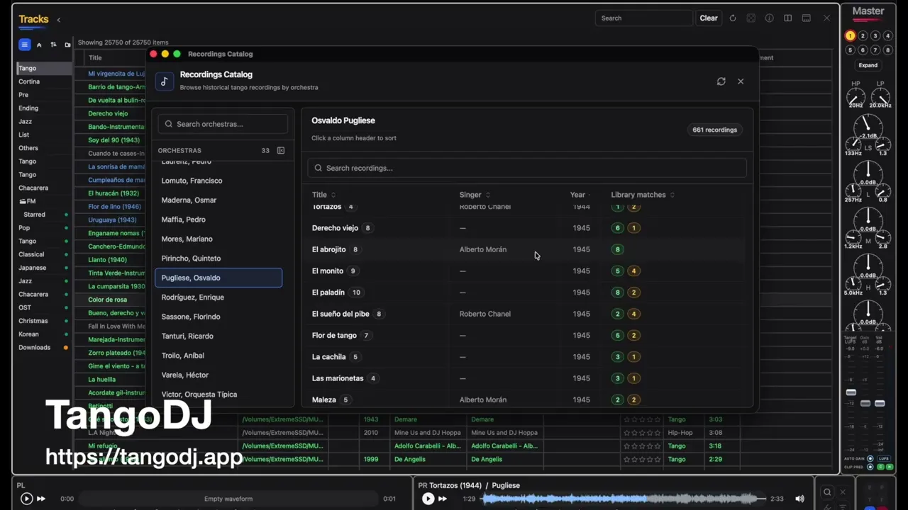 TangoDJ Recordings Catalog showing orchestras, recordings, and library matches